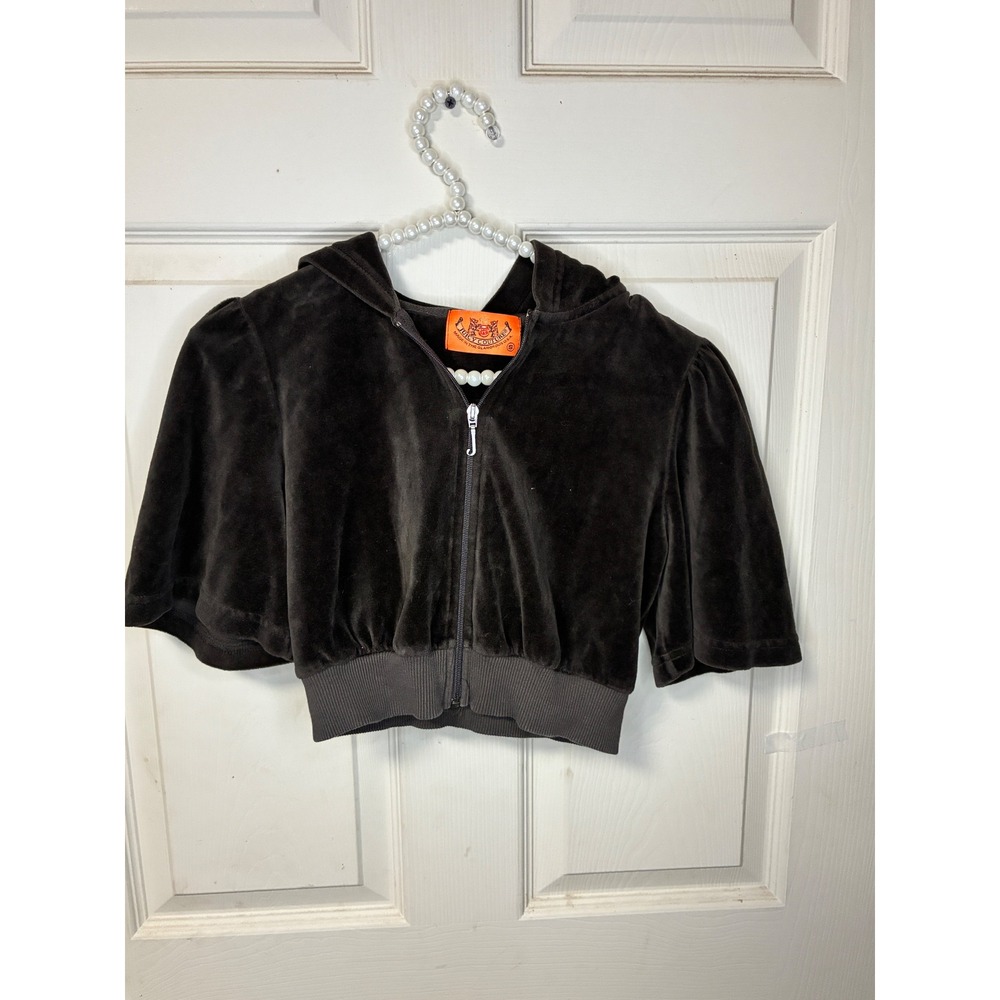 Juicy Couture Hoodie Womens S Brown Excellent Velour Cropped Puff Short Sleeve